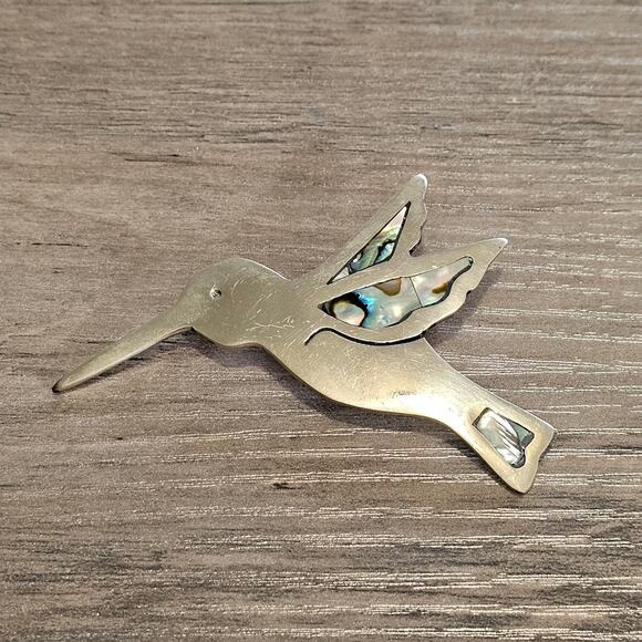 Vintage Alpaca Silver Hummingbird Brooch with Abalone Inlay - Picture 1 of 7